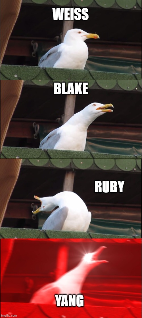 team RWBY in a nutshell | WEISS; BLAKE; RUBY; YANG | image tagged in memes,inhaling seagull | made w/ Imgflip meme maker