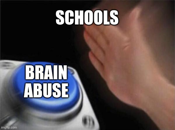 schools are like this | SCHOOLS; BRAIN ABUSE | image tagged in memes,blank nut button | made w/ Imgflip meme maker