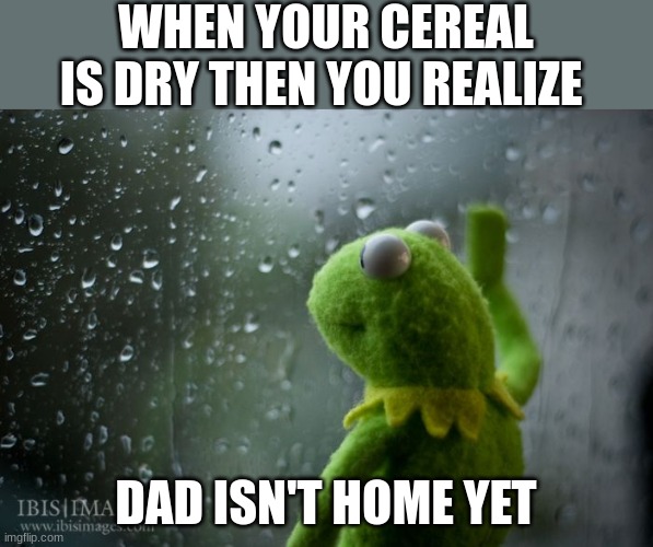 no milk? | WHEN YOUR CEREAL IS DRY THEN YOU REALIZE; DAD ISN'T HOME YET | image tagged in kermit window,dark humor | made w/ Imgflip meme maker