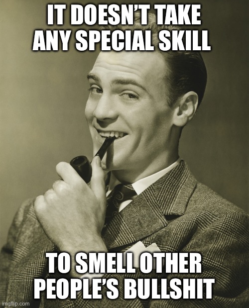 Smug | IT DOESN’T TAKE ANY SPECIAL SKILL TO SMELL OTHER PEOPLE’S BULLSHIT | image tagged in smug | made w/ Imgflip meme maker