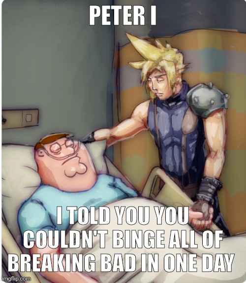 PETER I TOLD YOU | PETER I; I TOLD YOU YOU COULDN'T BINGE ALL OF BREAKING BAD IN ONE DAY | image tagged in peter i told you | made w/ Imgflip meme maker