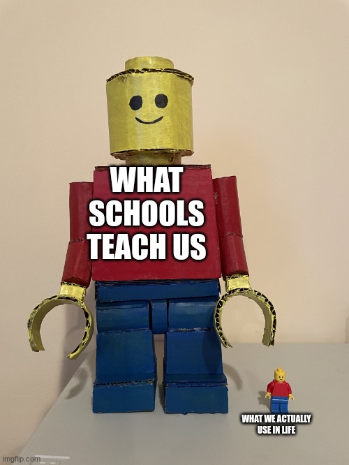 Summary of School | WHAT SCHOOLS TEACH US; WHAT WE ACTUALLY USE IN LIFE | image tagged in the lego giant meme | made w/ Imgflip meme maker