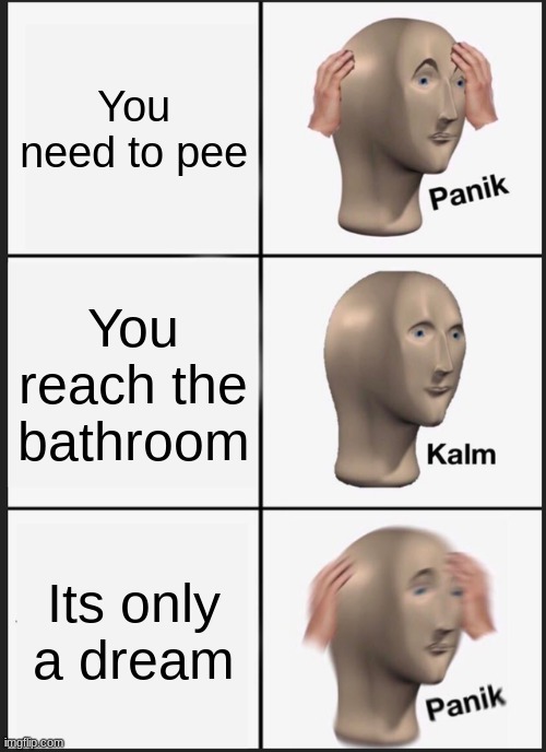 Panik Kalm Panik Meme | You need to pee; You reach the bathroom; Its only a dream | image tagged in memes,panik kalm panik | made w/ Imgflip meme maker