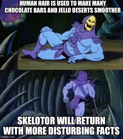 Skeletor disturbing facts | HUMAN HAIR IS USED TO MAKE MANY CHOCOLATE BARS AND JELLO DESERTS SMOOTHER; SKELOTOR WILL RETURN WITH MORE DISTURBING FACTS | image tagged in skeletor disturbing facts | made w/ Imgflip meme maker