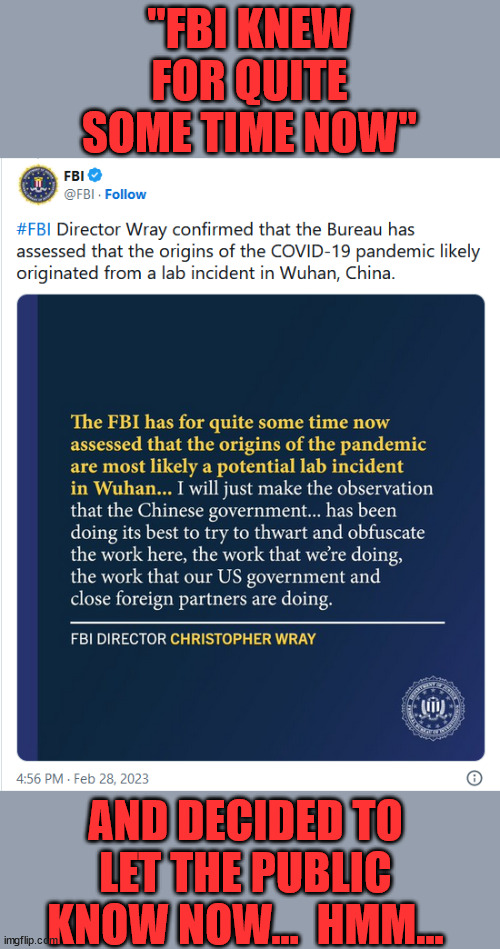 Why now?  They knew and lied about it for so long... | "FBI KNEW FOR QUITE SOME TIME NOW"; AND DECIDED TO LET THE PUBLIC KNOW NOW...  HMM... | image tagged in crooked,fbi | made w/ Imgflip meme maker