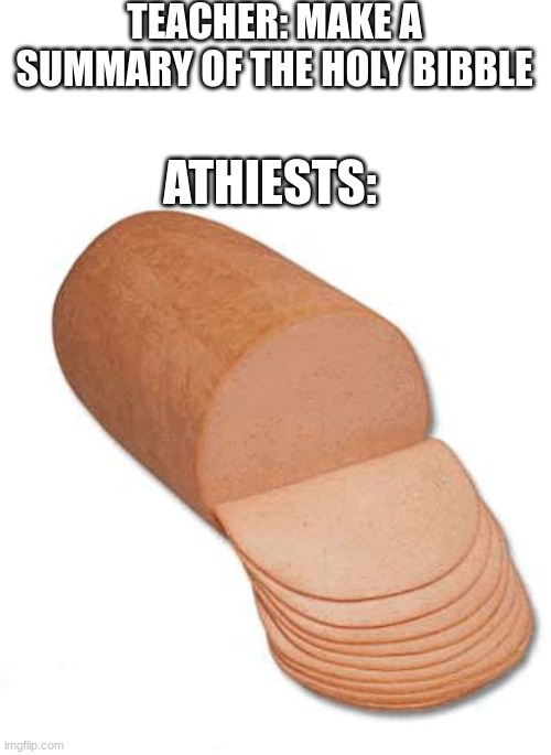 baloney | TEACHER: MAKE A SUMMARY OF THE HOLY BIBBLE; ATHIESTS: | image tagged in baloney | made w/ Imgflip meme maker