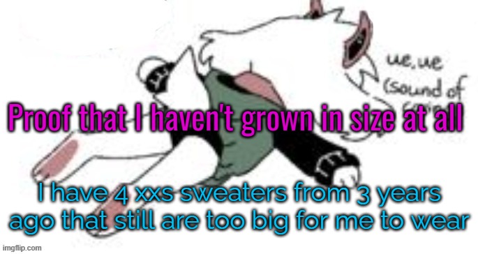 heck it shows my shoulders trying to wear them | Proof that I haven't grown in size at all; I have 4 xxs sweaters from 3 years ago that still are too big for me to wear | image tagged in ue ue sound of crying | made w/ Imgflip meme maker