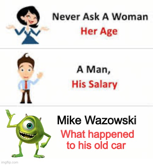 What even happened to Mike wazowski’s car? | Mike Wazowski; What happened to his old car | image tagged in never ask a woman her age,monsters inc,mike wazowski | made w/ Imgflip meme maker