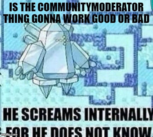 He screams internally for he does not know | IS THE COMMUNITYMODERATOR THING GONNA WORK GOOD OR BAD | image tagged in he screams internally for he does not know | made w/ Imgflip meme maker