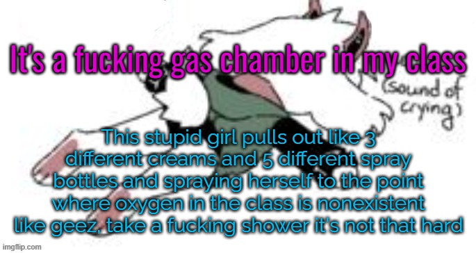 all for a stupid tiktok. she looks ugly nonetheless | It's a fucking gas chamber in my class; This stupid girl pulls out like 3 different creams and 5 different spray bottles and spraying herself to the point where oxygen in the class is nonexistent like geez, take a fucking shower it's not that hard | image tagged in ue ue sound of crying | made w/ Imgflip meme maker