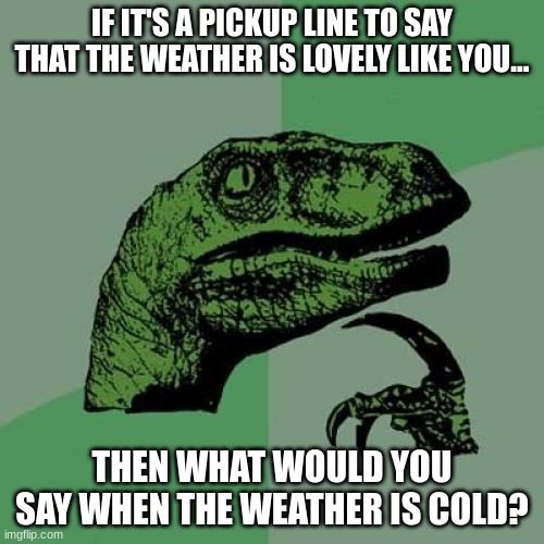 Pickup lines | IF IT'S A PICKUP LINE TO SAY THAT THE WEATHER IS LOVELY LIKE YOU... THEN WHAT WOULD YOU SAY WHEN THE WEATHER IS COLD? | image tagged in memes,philosoraptor,cold weather,weather,pickup lines | made w/ Imgflip meme maker
