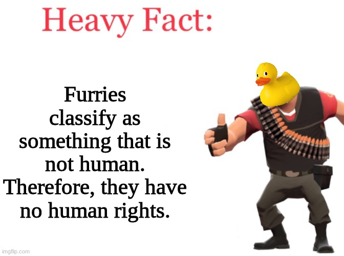 Heavy fact | Furries classify as something that is not human. Therefore, they have no human rights. | image tagged in heavy fact | made w/ Imgflip meme maker