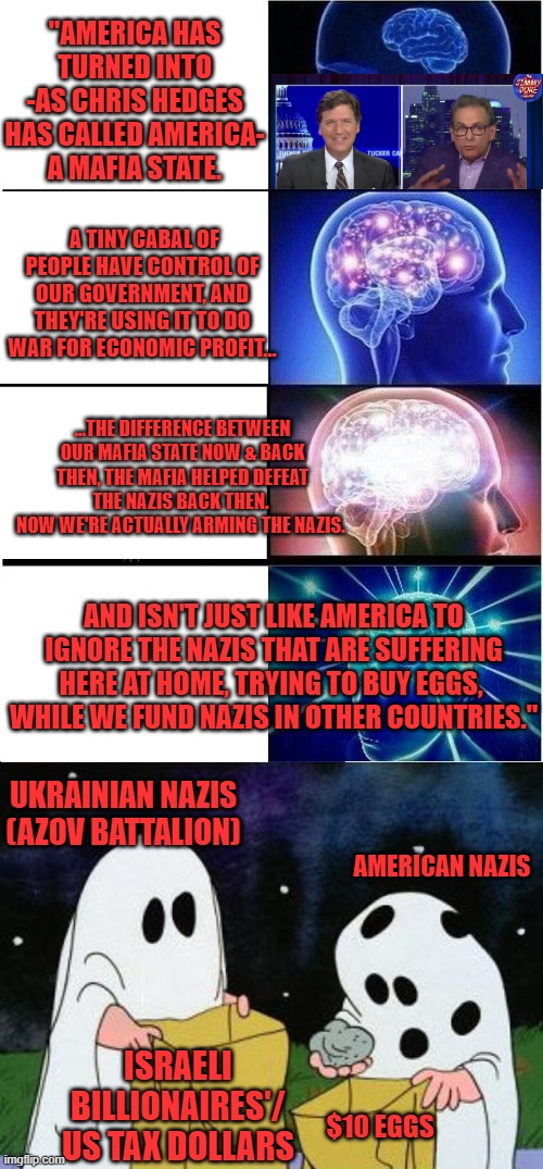 Yes, *YOUR* Tax Dollars are going to this. YOUR hard earned tax dollars. Not roads. Not schools. This. Thank you, Jimmy Dore. | "AMERICA HAS TURNED INTO
-AS CHRIS HEDGES HAS CALLED AMERICA-
A MAFIA STATE. A TINY CABAL OF PEOPLE HAVE CONTROL OF OUR GOVERNMENT, AND THEY'RE USING IT TO DO WAR FOR ECONOMIC PROFIT... ...THE DIFFERENCE BETWEEN OUR MAFIA STATE NOW & BACK THEN, THE MAFIA HELPED DEFEAT THE NAZIS BACK THEN. 
NOW WE'RE ACTUALLY ARMING THE NAZIS. AND ISN'T JUST LIKE AMERICA TO IGNORE THE NAZIS THAT ARE SUFFERING HERE AT HOME, TRYING TO BUY EGGS, 
WHILE WE FUND NAZIS IN OTHER COUNTRIES."; UKRAINIAN NAZIS
(AZOV BATTALION); AMERICAN NAZIS; ISRAELI BILLIONAIRES'/
US TAX DOLLARS; $10 EGGS | image tagged in memes,expanding brain,i got a rock | made w/ Imgflip meme maker