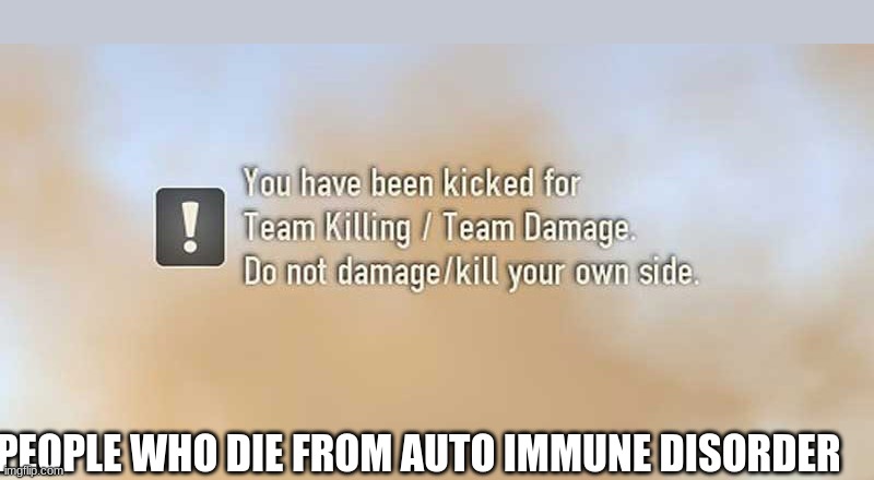 good ol team kill | PEOPLE WHO DIE FROM AUTO IMMUNE DISORDER | image tagged in you have been kicked for team killing | made w/ Imgflip meme maker