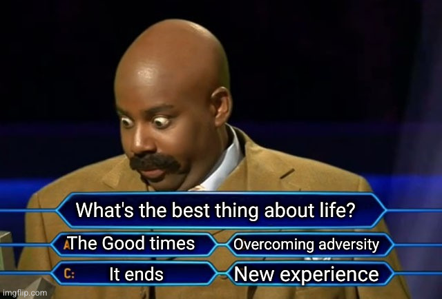 Because death is the greatest prize of all | What's the best thing about life? The Good times; Overcoming adversity; New experience; It ends | image tagged in who wants to be a millionaire | made w/ Imgflip meme maker