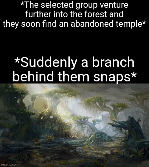 *The selected group venture further into the forest and they soon find an abandoned temple*; *Suddenly a branch behind them snaps* | made w/ Imgflip meme maker