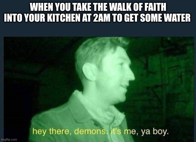Hello There Mr. Xzxzcvtyrtiswxzwueux | WHEN YOU TAKE THE WALK OF FAITH INTO YOUR KITCHEN AT 2AM TO GET SOME WATER | image tagged in high-pitched demonic screeching | made w/ Imgflip meme maker