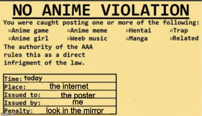 NO ANIME ALLOWED | the internet the poster me look in the mirror | image tagged in no anime allowed | made w/ Imgflip meme maker