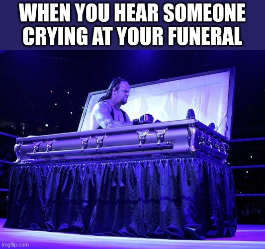 who is it | WHEN YOU HEAR SOMEONE CRYING AT YOUR FUNERAL | image tagged in undertaker coffin | made w/ Imgflip meme maker