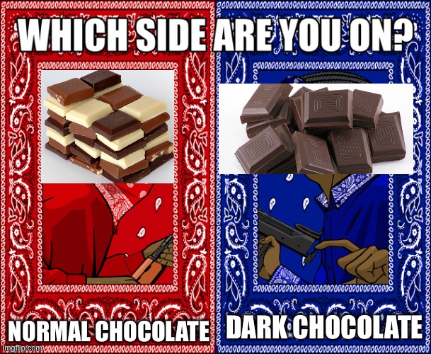 Which chocolate do you prefer? | NORMAL CHOCOLATE; DARK CHOCOLATE | image tagged in which side are you on | made w/ Imgflip meme maker