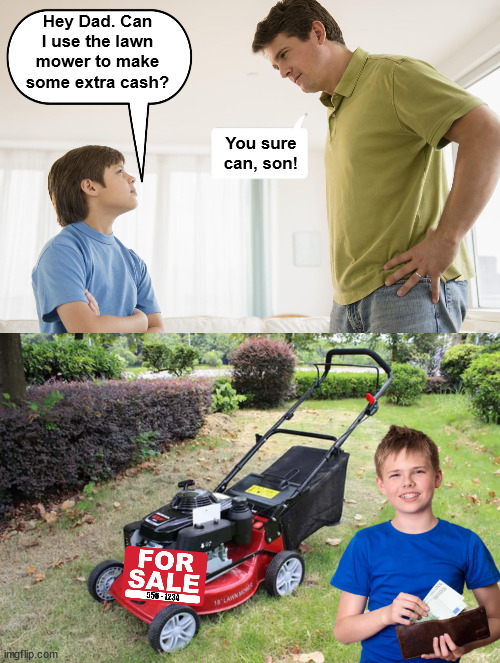 The Lawn Mower | image tagged in lawnmower,lawn mower,father and son,money,funny,memes | made w/ Imgflip meme maker