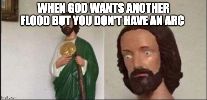 Wide eyed jesus | WHEN GOD WANTS ANOTHER FLOOD BUT YOU DON'T HAVE AN ARC | image tagged in wide eyed jesus | made w/ Imgflip meme maker