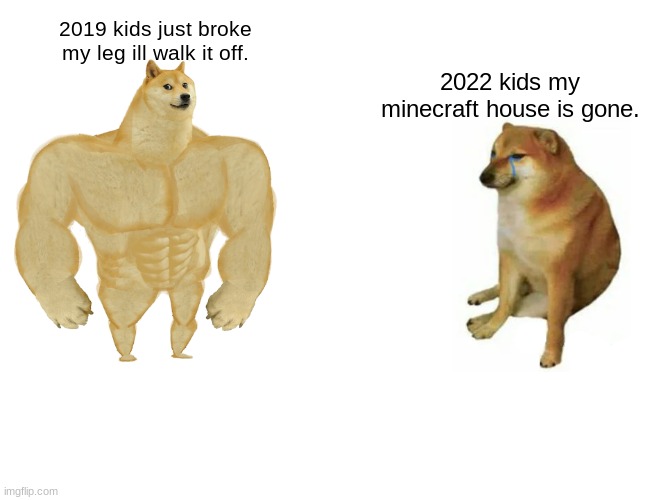 Buff Doge vs. Cheems Meme | 2019 kids just broke my leg ill walk it off. 2022 kids my minecraft house is gone. | image tagged in memes,buff doge vs cheems | made w/ Imgflip meme maker