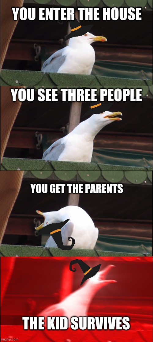 Inhaling Seagull | YOU ENTER THE HOUSE; YOU SEE THREE PEOPLE; YOU GET THE PARENTS; THE KID SURVIVES | image tagged in memes,inhaling seagull | made w/ Imgflip meme maker