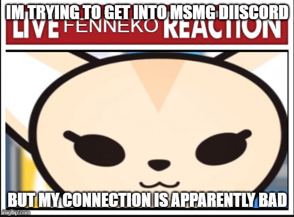 hahahahahahah discord ahahahahahahah | IM TRYING TO GET INTO MSMG DIISCORD; BUT MY CONNECTION IS APPARENTLY BAD | image tagged in live fenneko reaction | made w/ Imgflip meme maker