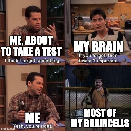 me | MY BRAIN; ME, ABOUT TO TAKE A TEST; MOST OF MY BRAINCELLS; ME | image tagged in i think i forgot something | made w/ Imgflip meme maker