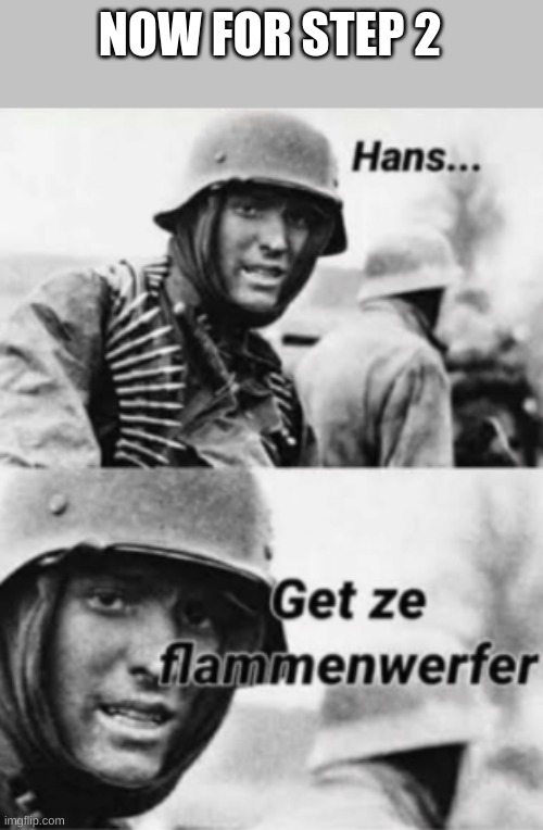 Hans, Get ze flammenwerfer | NOW FOR STEP 2 | image tagged in hans get ze flammenwerfer | made w/ Imgflip meme maker