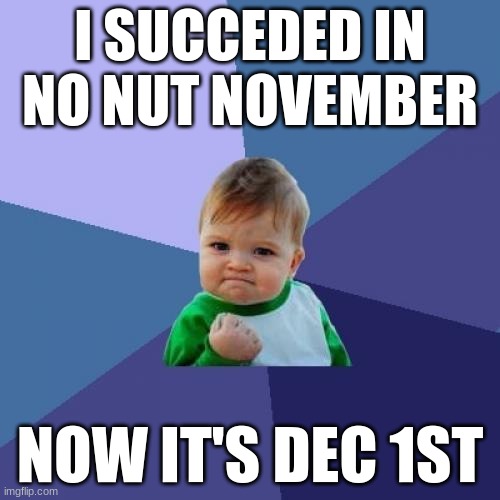 Success Kid | I SUCCEDED IN NO NUT NOVEMBER; NOW IT'S DEC 1ST | image tagged in memes,success kid | made w/ Imgflip meme maker