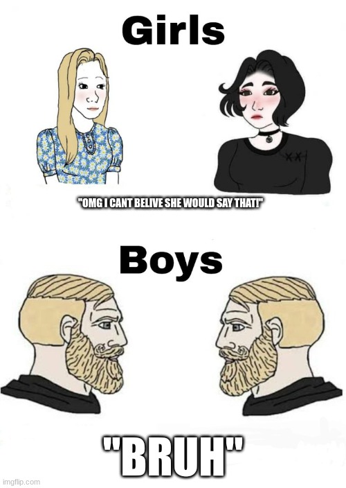 boys v girls | "OMG I CANT BELIVE SHE WOULD SAY THAT!"; "BRUH" | image tagged in boys v girls | made w/ Imgflip meme maker