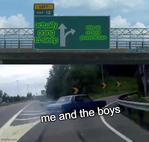 Left Exit 12 Off Ramp Meme | actually going to sleep; stay up on your phone til 3am; me and the boys | image tagged in memes,left exit 12 off ramp | made w/ Imgflip meme maker