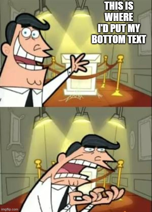 no titl | THIS IS WHERE I'D PUT MY BOTTOM TEXT | image tagged in memes,this is where i'd put my trophy if i had one | made w/ Imgflip meme maker