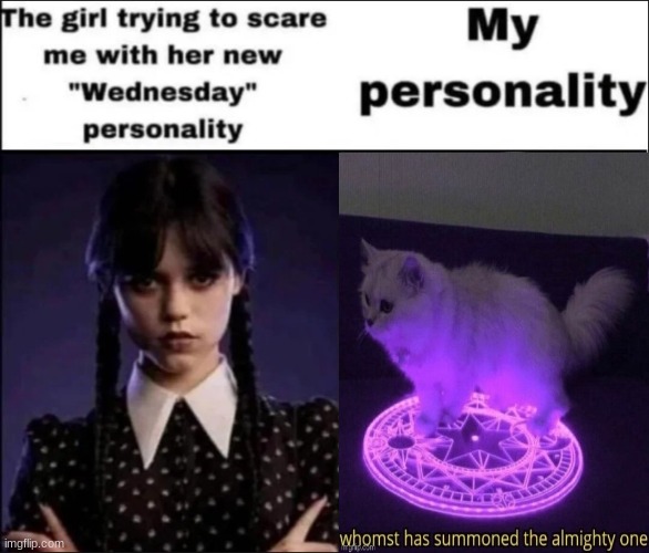 The girl trying to scare me with her new Wednesday personality | image tagged in the girl trying to scare me with her new wednesday personality,whomst has summoned the almighty one | made w/ Imgflip meme maker