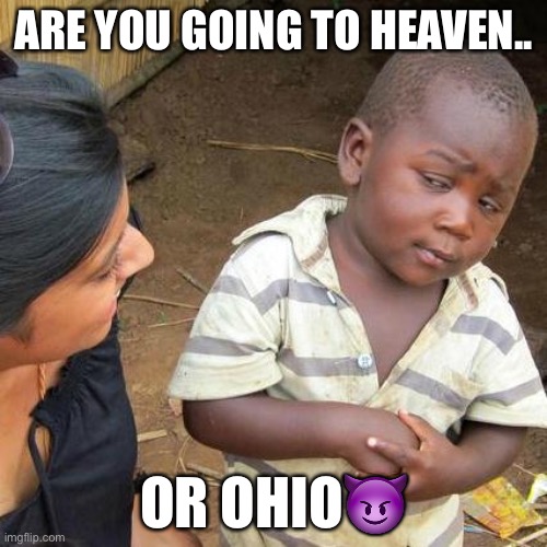 The OHIOan | ARE YOU GOING TO HEAVEN.. OR OHIO😈 | image tagged in memes,third world skeptical kid | made w/ Imgflip meme maker