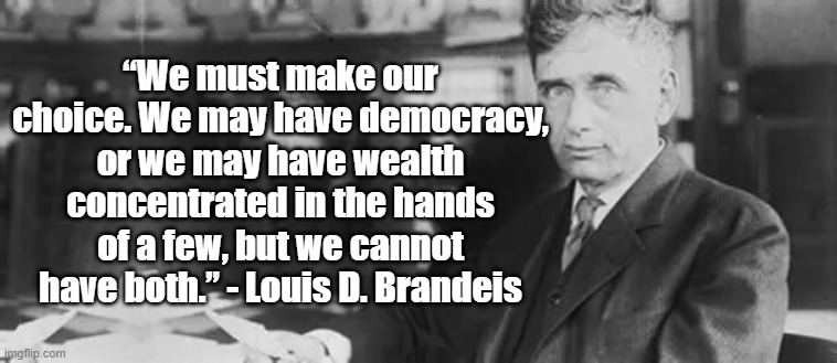 Concentrated Wealth | “We must make our choice. We may have democracy, or we may have wealth concentrated in the hands of a few, but we cannot have both.” - Louis D. Brandeis | image tagged in louis brandeis,politics,justice | made w/ Imgflip meme maker