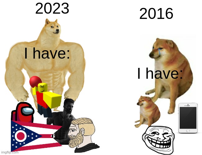 Buff Doge vs. Cheems Meme | 2023; 2016; I have:; I have: | image tagged in memes,buff doge vs cheems | made w/ Imgflip meme maker