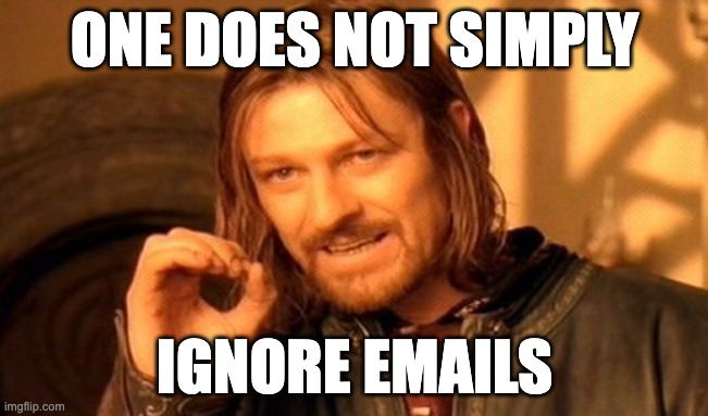 One Does Not Simply Meme | ONE DOES NOT SIMPLY; IGNORE EMAILS | image tagged in memes,one does not simply | made w/ Imgflip meme maker