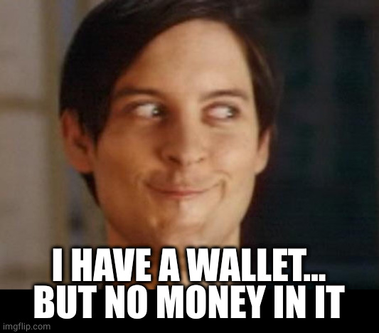 Spiderman Peter Parker Meme | I HAVE A WALLET...
BUT NO MONEY IN IT | image tagged in memes,spiderman peter parker | made w/ Imgflip meme maker