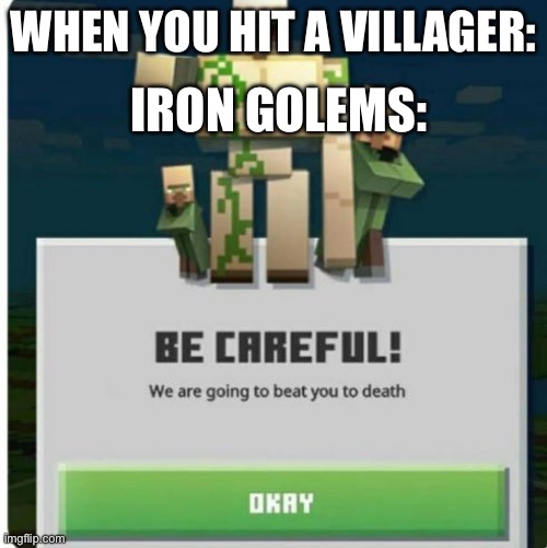 be careful we are going to beat you to death | IRON GOLEMS:; WHEN YOU HIT A VILLAGER: | image tagged in be careful we are going to beat you to death | made w/ Imgflip meme maker