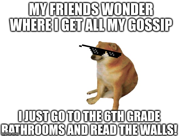 I am serious | MY FRIENDS WONDER WHERE I GET ALL MY GOSSIP; I JUST GO TO THE 6TH GRADE BATHROOMS AND READ THE WALLS! | image tagged in for real | made w/ Imgflip meme maker