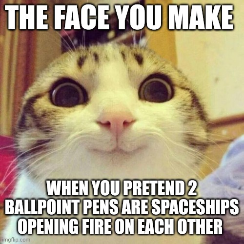 I can't be the only one to have done this | THE FACE YOU MAKE; WHEN YOU PRETEND 2 BALLPOINT PENS ARE SPACESHIPS OPENING FIRE ON EACH OTHER | image tagged in memes,smiling cat | made w/ Imgflip meme maker