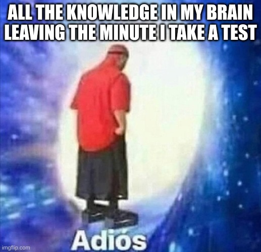 this happens all the time | ALL THE KNOWLEDGE IN MY BRAIN LEAVING THE MINUTE I TAKE A TEST | image tagged in adios,fun,funny,meme,memes,school | made w/ Imgflip meme maker