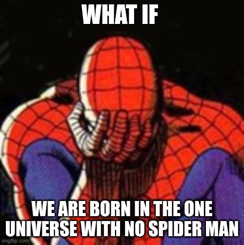 Sad Spiderman | WHAT IF; WE ARE BORN IN THE ONE UNIVERSE WITH NO SPIDER MAN | image tagged in memes,sad spiderman,spiderman | made w/ Imgflip meme maker