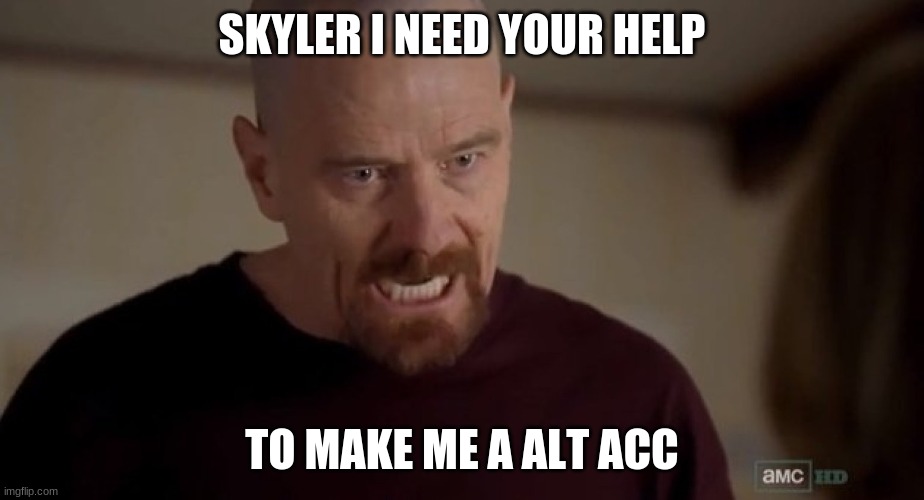 I am the one who knocks | SKYLER I NEED YOUR HELP TO MAKE ME A ALT ACC | image tagged in i am the one who knocks | made w/ Imgflip meme maker