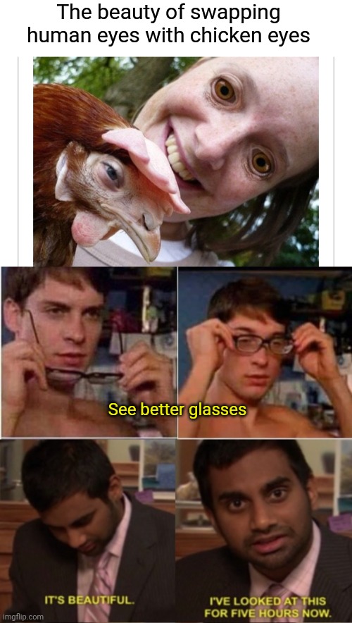 We don't need to unsee this beauty | The beauty of swapping human eyes with chicken eyes; See better glasses | image tagged in beauty,unsee juice | made w/ Imgflip meme maker