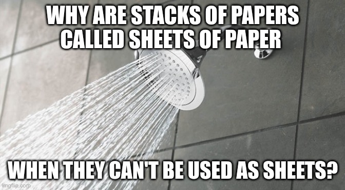 shower thoughts | WHY ARE STACKS OF PAPERS CALLED SHEETS OF PAPER; WHEN THEY CAN'T BE USED AS SHEETS? | image tagged in shower thoughts | made w/ Imgflip meme maker