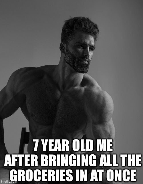 Giga Chad | 7 YEAR OLD ME AFTER BRINGING ALL THE GROCERIES IN AT ONCE | image tagged in giga chad | made w/ Imgflip meme maker